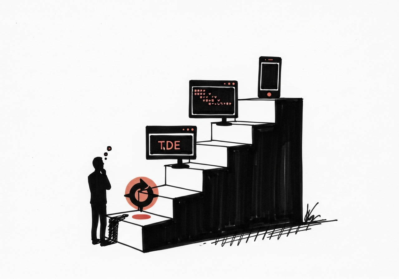 Whiteboard sketch: a small staircase of install surfaces, from terminal to phone.