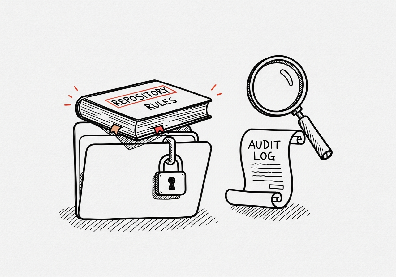 Whiteboard sketch: a folder with a rulebook, a padlock, and a magnifying glass over an audit scroll.