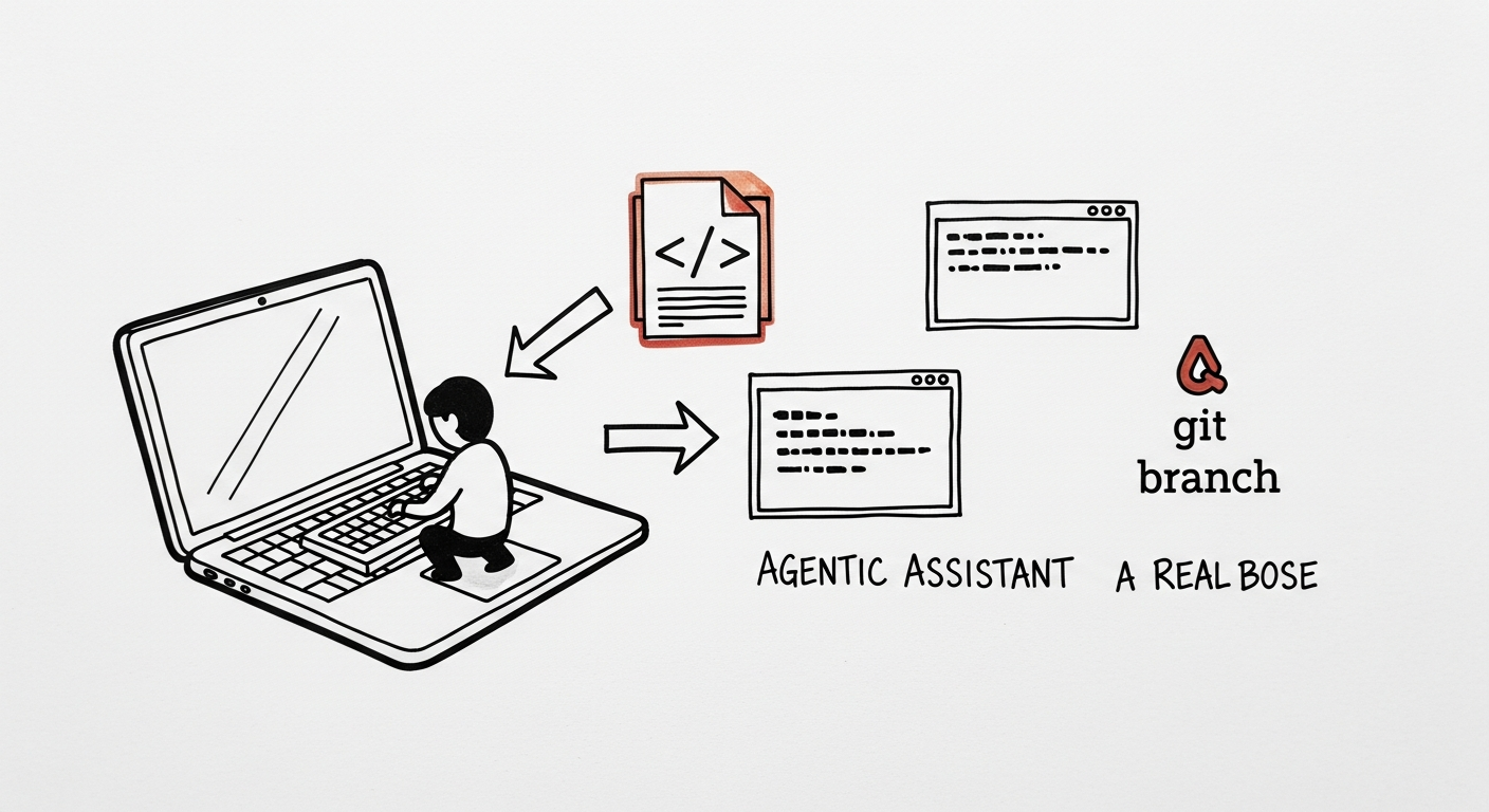 Whiteboard sketch: a small figure inside a laptop types while arrows connect out to a code file, a terminal, and a git branch.