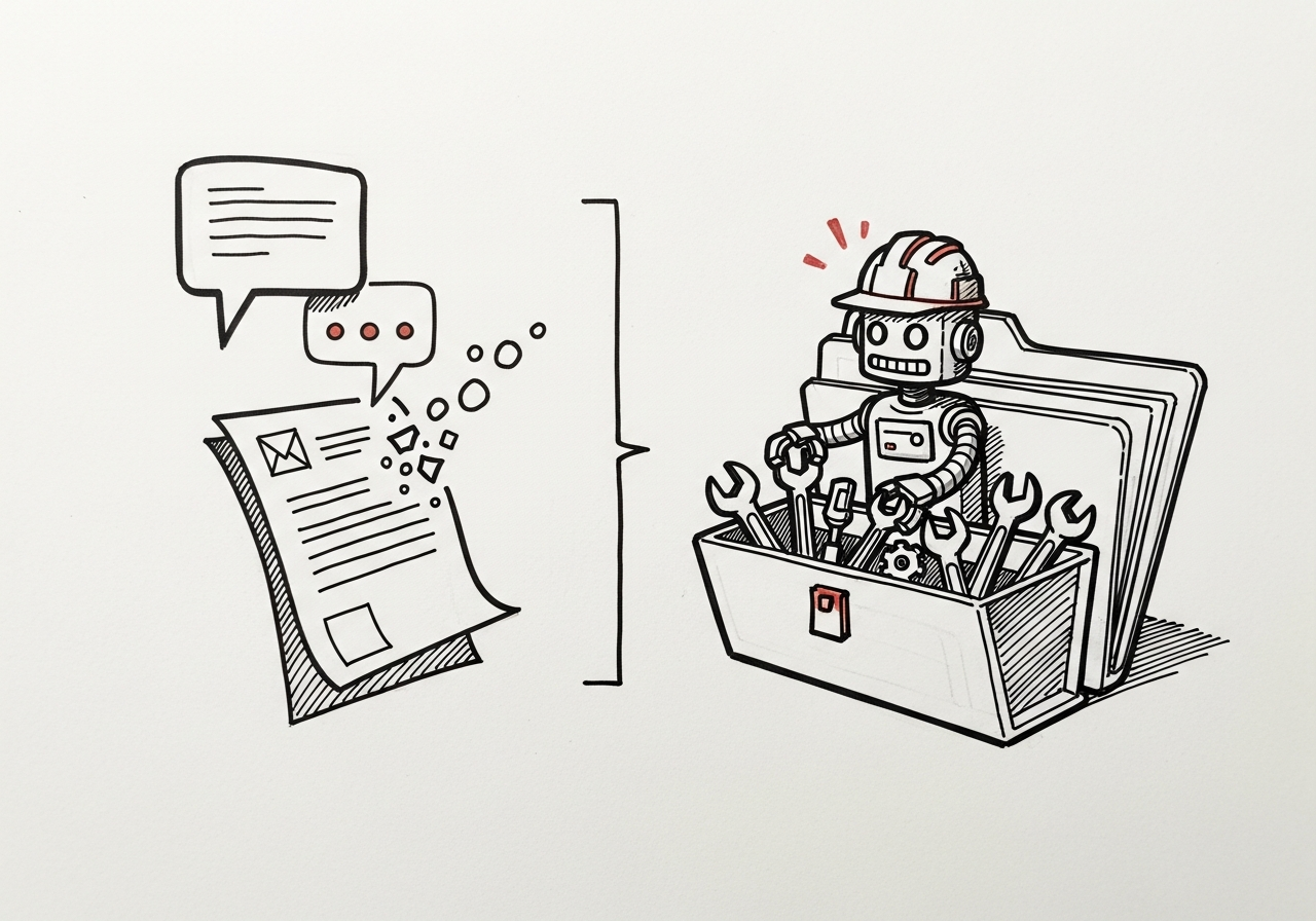 Whiteboard sketch: a chatbot on one side, a small helper figure holding tools inside a folder structure on the other.