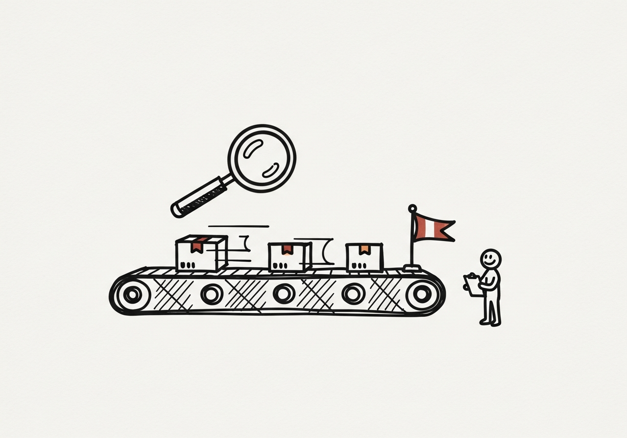 Whiteboard sketch: a conveyor belt moving small boxes with a magnifying glass inspecting one and a flag at the end.