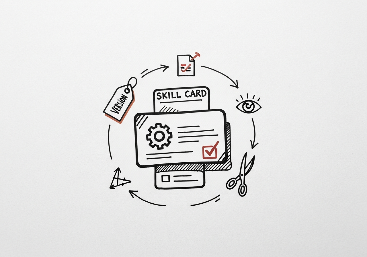 Whiteboard sketch: a skill card at center with a gear, a checkmark stamp, a version tag, a review eye, and pruning shears around it.