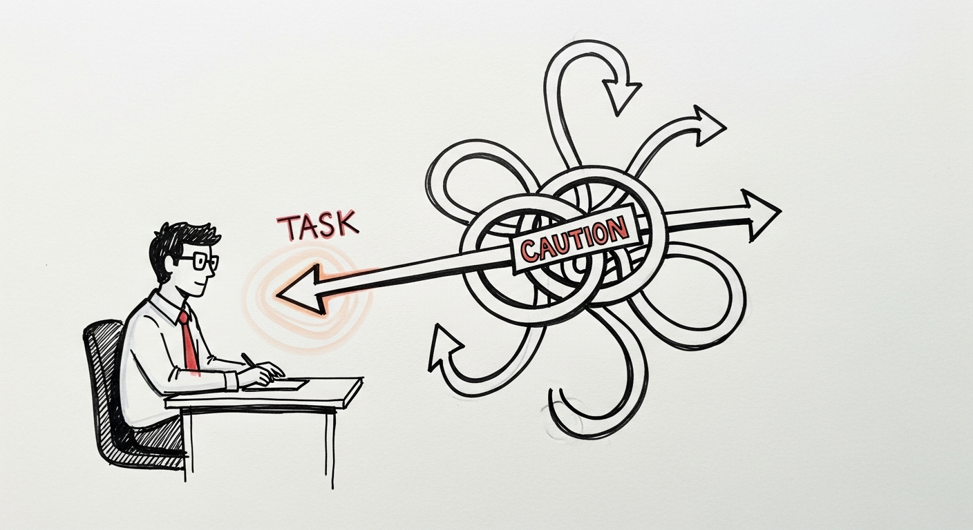 Whiteboard sketch: one task branching into five arrows that tangle into a knot, with a small caution mark at the center.