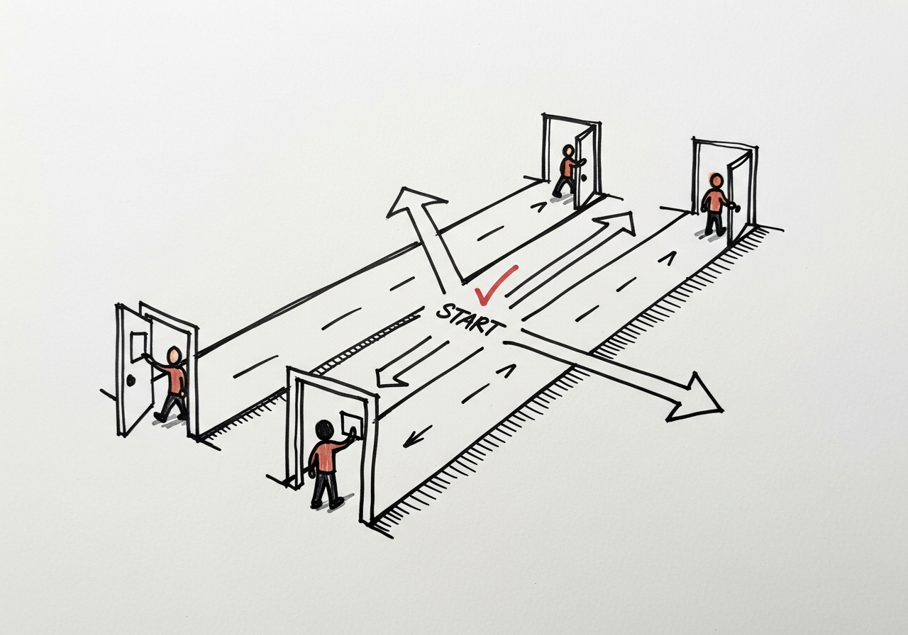 Whiteboard sketch: three parallel lanes, each with its own figure exploring a different doorway, arrows diverging cleanly from a shared start point.