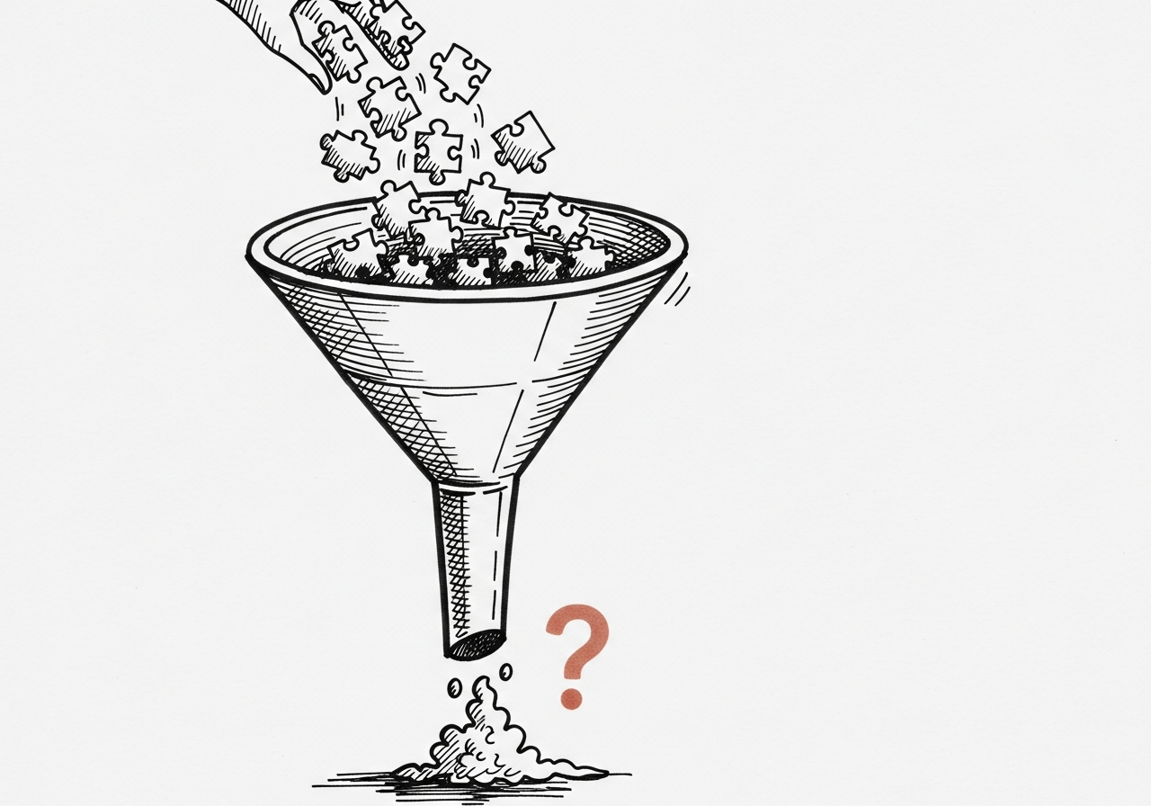 Whiteboard sketch: a funnel with many small puzzle pieces pouring in at the top and a single muddled blob emerging at the bottom, a small red question mark beside it.