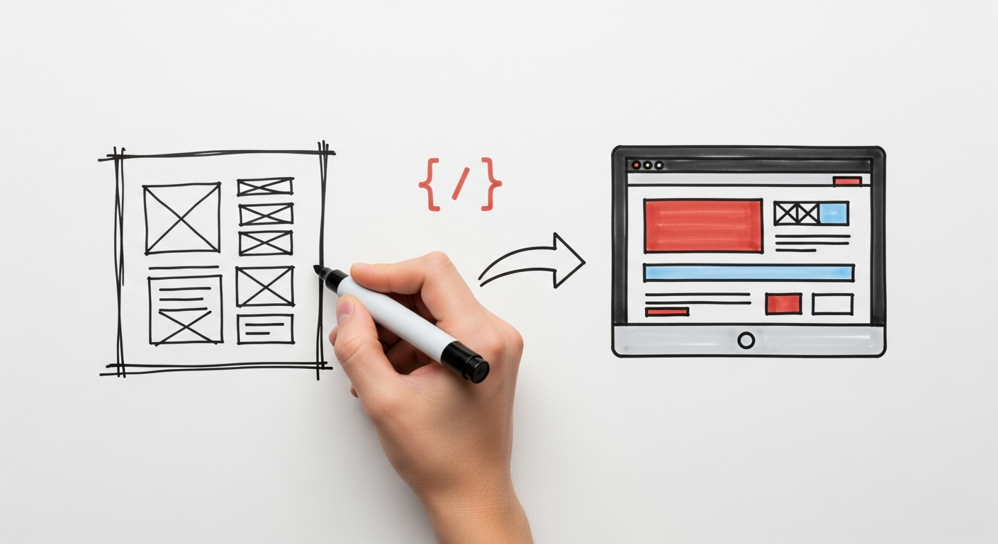 Whiteboard sketch: a hand draws a UI wireframe that transforms into a rendered website, with a code-bracket symbol floating between them.