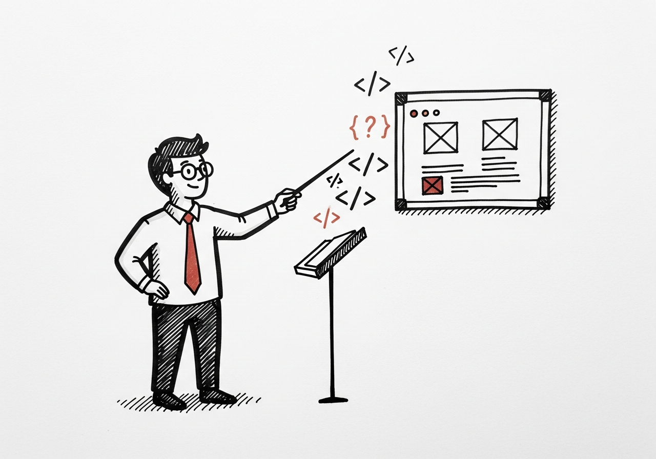 Whiteboard sketch: a designer stands like a conductor, pointing a baton at a framed UI sketch while code symbols float out from the tip.