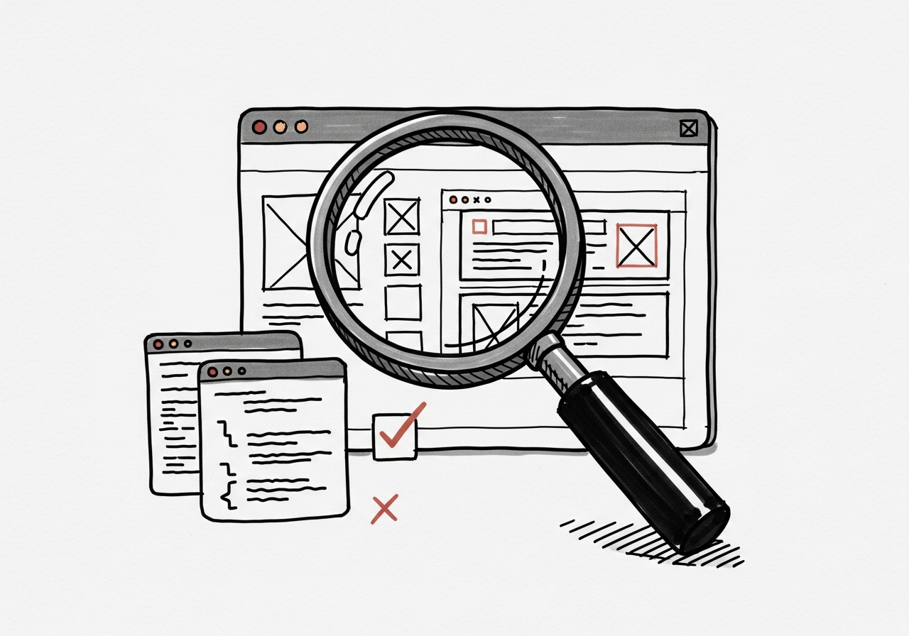 Whiteboard sketch: a magnifying glass hovers over a browser showing UI pixels, while a smaller code-diff window sits ignored to the side.
