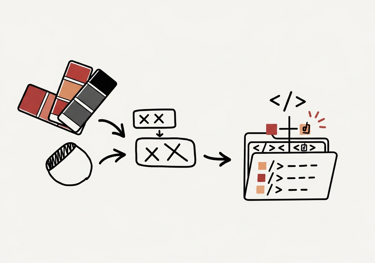 Whiteboard sketch: color swatches and tokens flow from a Figma-style file into a code repo folder containing tagged variables.