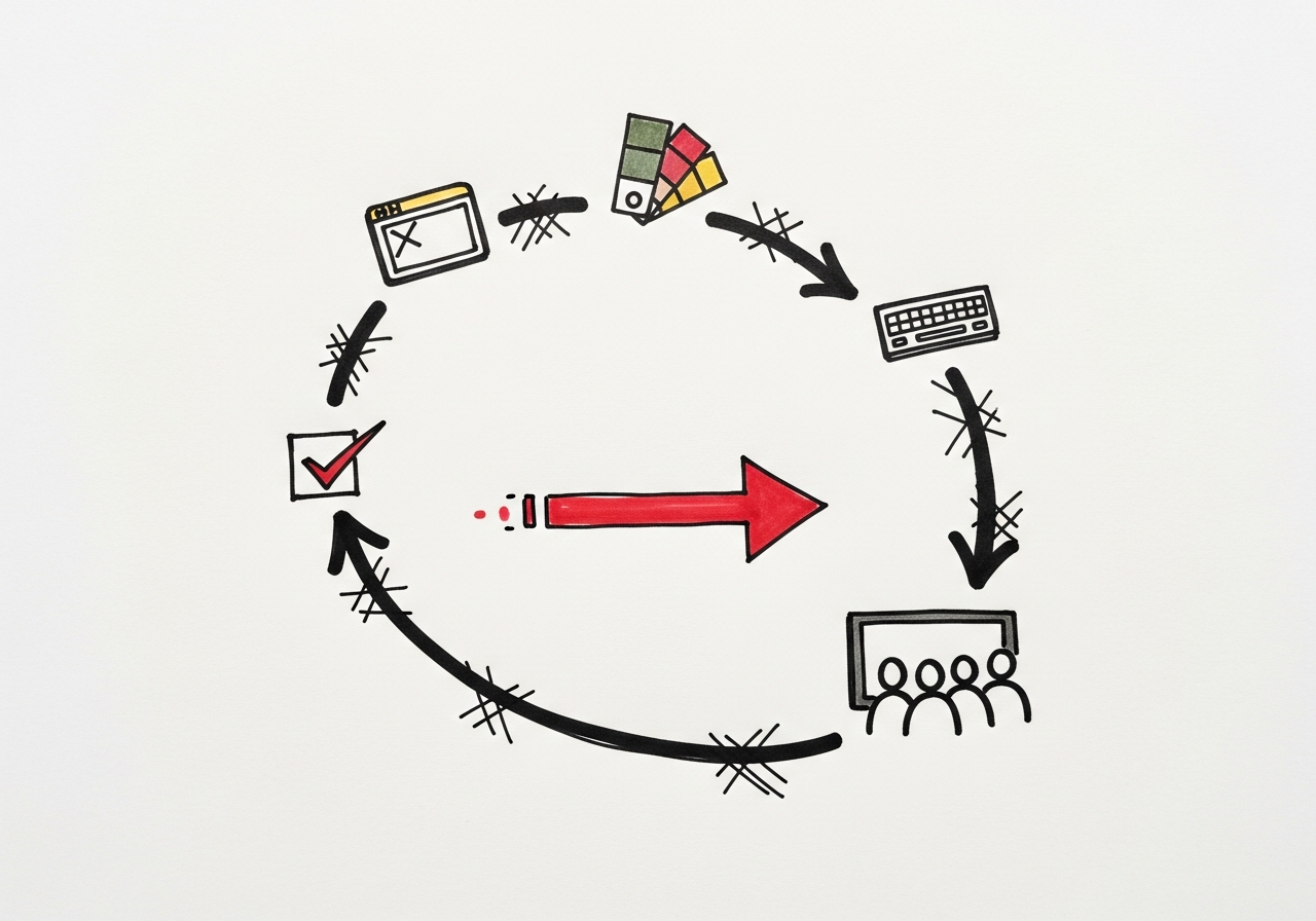 Whiteboard sketch: a circular review loop with four small checkpoints along its path (browser, swatch, keyboard, demo stick figures) and a single red arrow moving it forward.