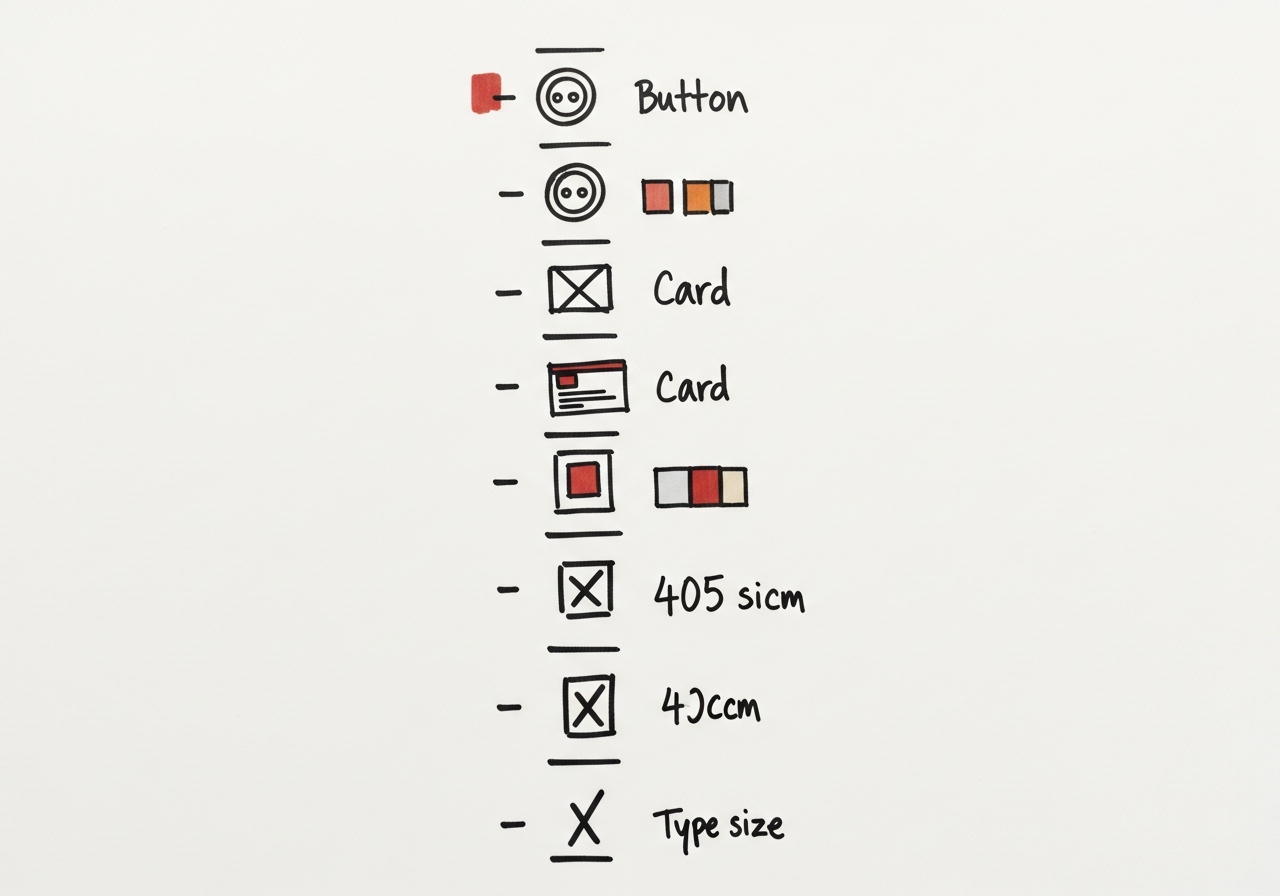 Whiteboard sketch: a vertical timeline drawn with a marker, with tick marks alongside tiny sketches of buttons, cards, swatches, and type sizes.