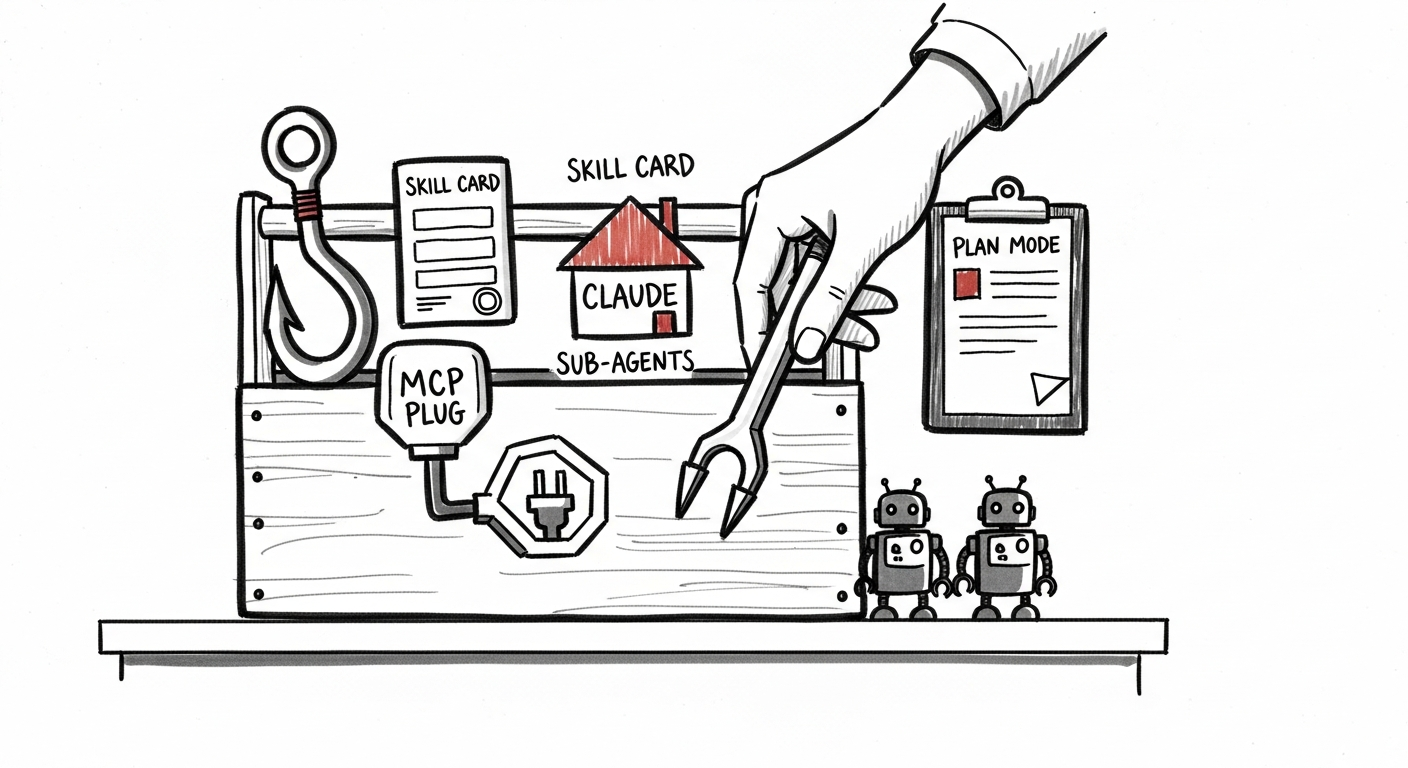 Whiteboard sketch: a toolbox with six distinct Claude Code harness tools, and a hand picking the right one for the job.