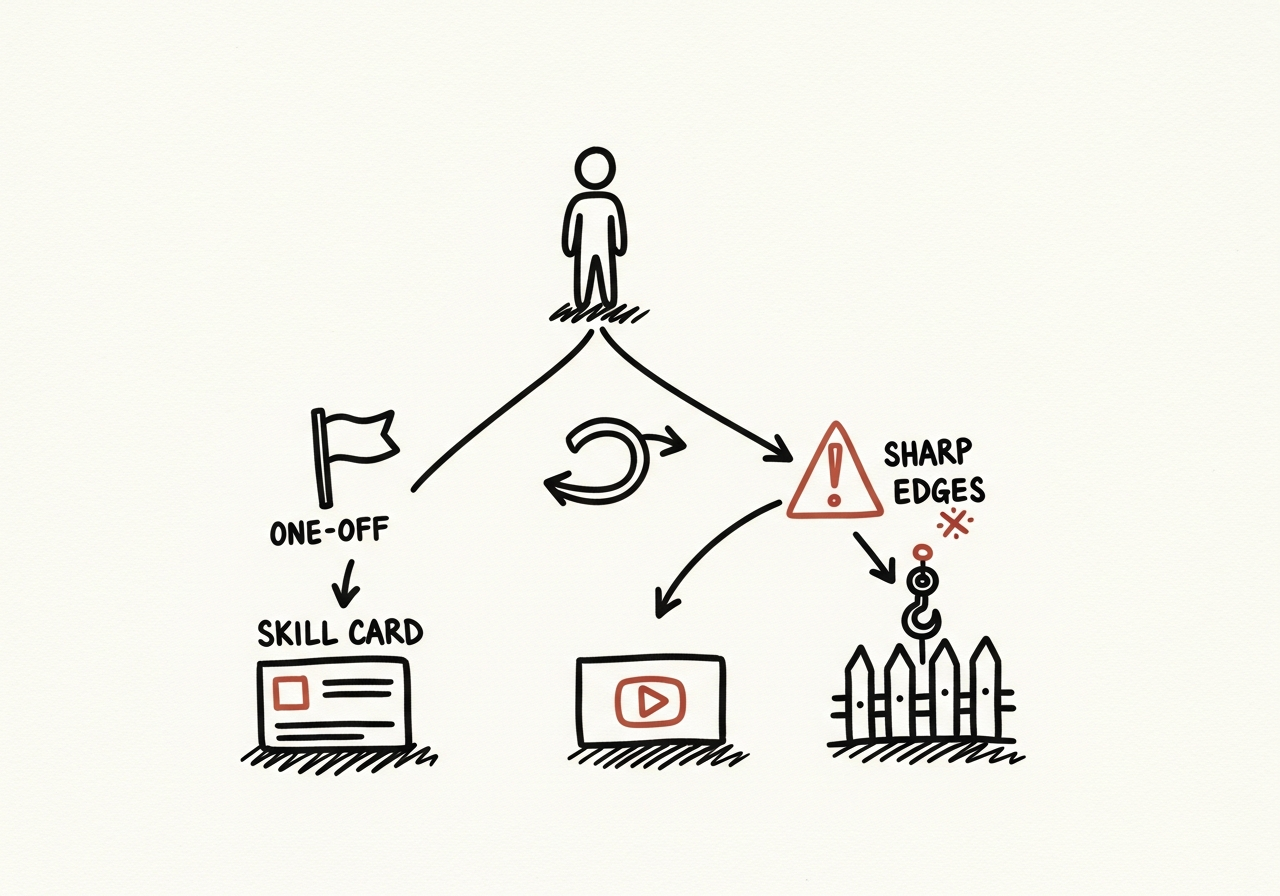 Whiteboard sketch: a stick figure stands at a fork in the road with branching arrows pointing toward a flag, a looping arrow, and an exclamation mark.